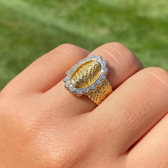 Vintage Two Tone Textured Buckle Ring with Natural Diamonds - Picture 9 of 10